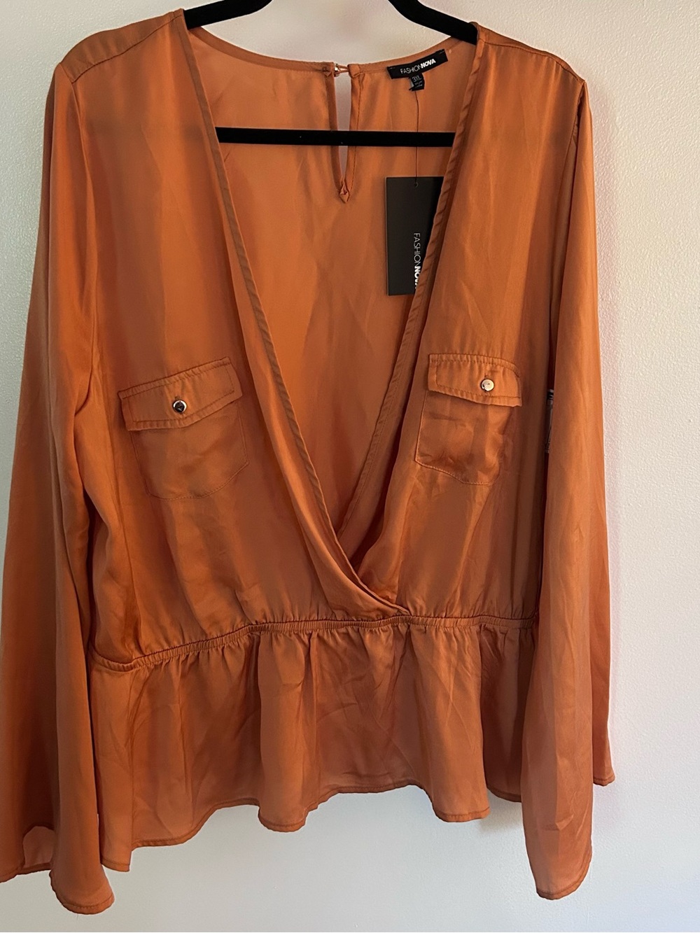 Fashion Nova Rust Orange Wrap Peplum Blouse